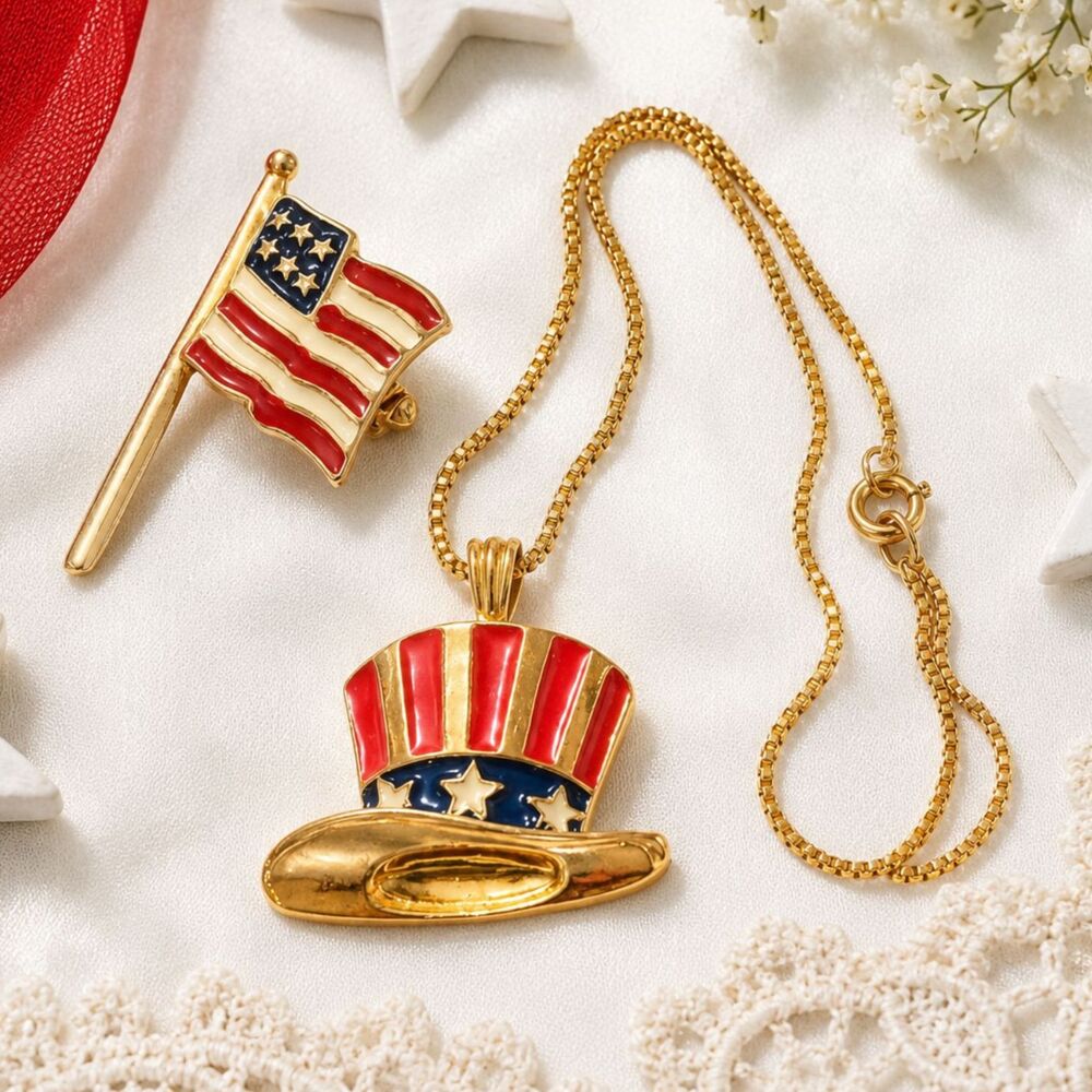 Vintage Patriotic Uncle Sam Hat Pendant Necklace & American Flag Pin Set